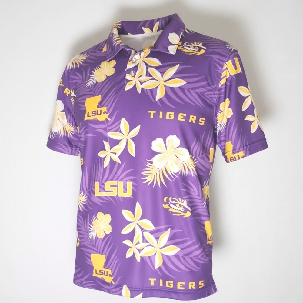 Holloway LSU Tiger Purple Yellow Floral Tropical Dri Excel Polo Shirt Mens Small